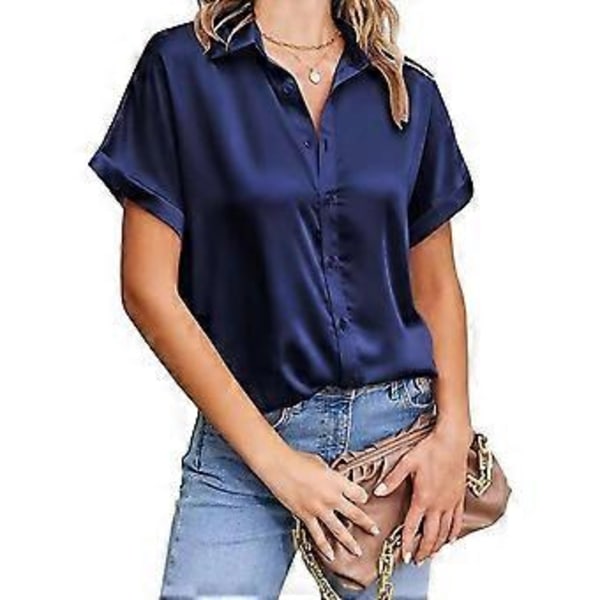 Satinblus för damer Svart Grön Vit Kavajslags Knapp Kortärmad Toppar Lös Blus(XXL marinblå)