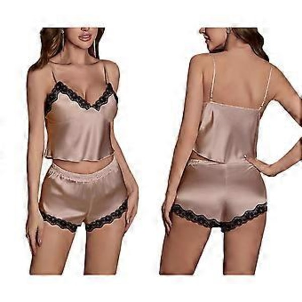 Spetsat pyjamas och shortsset, sexig justerbar axelbands-pyjamas topp med djupt V-ringning, spetsbh, nattkläder (XL khaki)