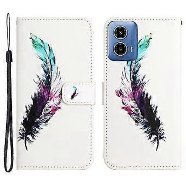 For Motorola Moto G45 5G/G34 5G Deksel 3D Kryssmønster Telefon Lommebok Deksel med Håndleddsstropp (Fjær)