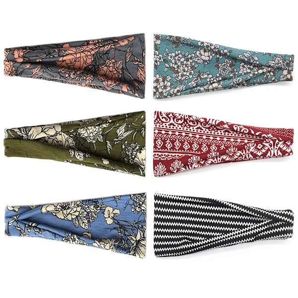 Boho pannband för kvinnor, fashion bred pannband, yoga tränings pannband, hår accessoarer band 6 pack