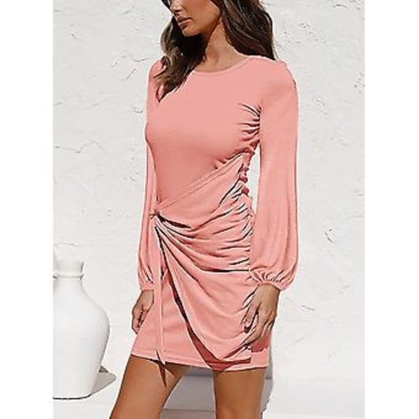 Kvinnors Höst Lång Lykta Ärm Crewneck Bodycon Wrap Knyt Midja Mini Klänningar S-2xl S