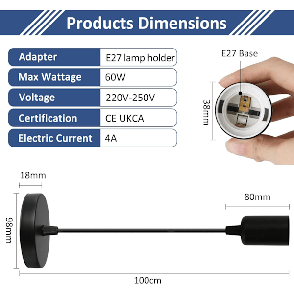 2-pakks metall E27 pendellamper (svart), 100 cm justerbar kabel