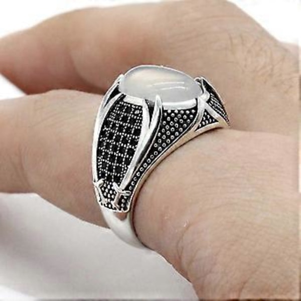 Punk Ring Turkisk Retro Utskuret Mönster Svart Zirkon Sten Ring Kvinnor Punk Trendiga Smycken Flera Storlekar Tillgängliga (9 Vit)