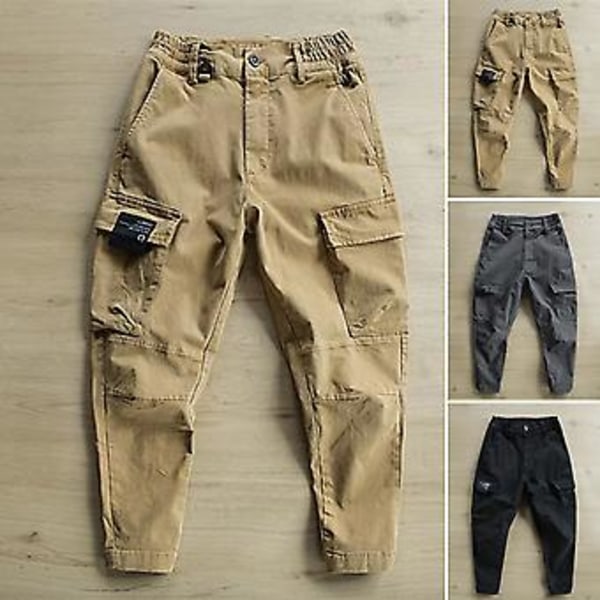 Män Byxor med Elastisk Midja, Knappar och Ankel Längd, Flera Fickor, Mid-Rise Cargo Byxor för Bergsklättring (XL Grå)