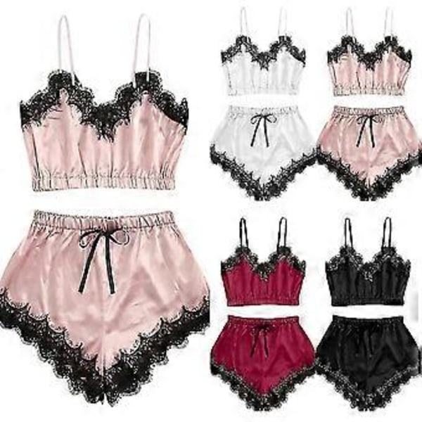Dam Underkläder Spets Siden Satin Cami Linne Toppar Shorts Pyjamas Set Sovkläder Nattkläder Pj's -NMAOV(L Rosa)