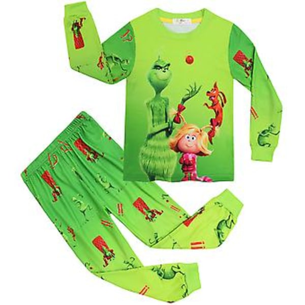 4-9 år Barn Pojkar Flickor Jul Grinch Tryck Pyjamas Set Jul Kläder Nattkläder Pjs Gåvor (7-8 År C)