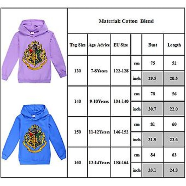 7-14 år Børn Drenge Piger Harry Potter Hoodie Hogwarts Skole Tryk Hættetrøje Jumper Tops (11-12 År Mørkeblå)