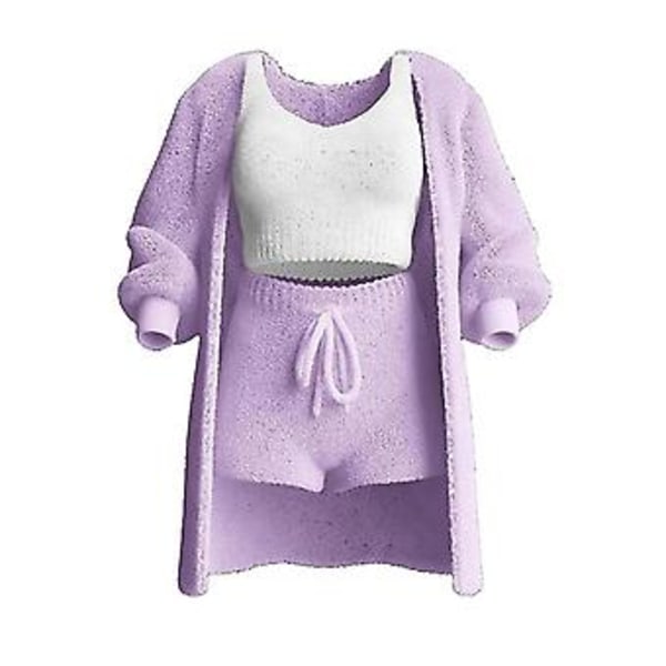 Mysig 3-delad stickad set för kvinnor Varm och sexig luddig fleece pyjamas M Lila
