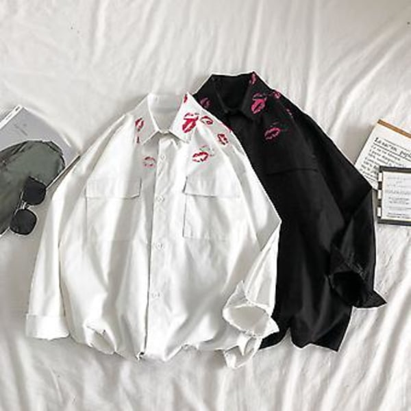 Skjortejakke med revers, lange ermer, klafflommer, enkeltradet, for menn, vår/høst, kyssprint, casual (2XL svart)