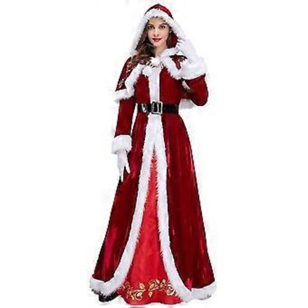Fru Santa Claus Kostym för Kvinnor Sammet Huva Klänning Långärmad Julkläder - JA(2XL)