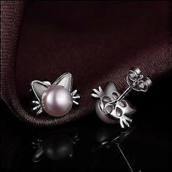 Katteøreringe 18K Hvidguldbelagt 925 Sterling Sølv Katteøre Stud Øreringe, Ferskvandsperle Stud Øreringe 7,5-8mm, 925 Sterling Sølv Sød Kat Stud