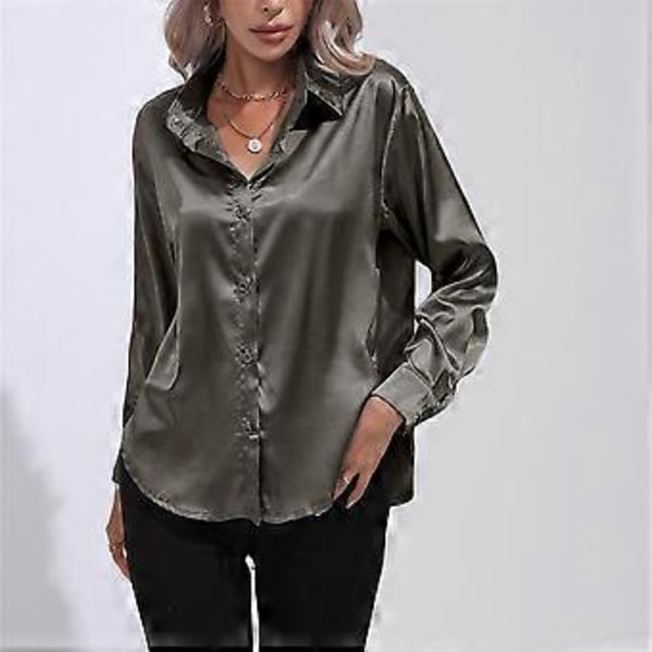Forår Efterår Satin Bluse Imitation Silke Langærmet Skjorte til Dame Plus Size Løse Toppe (M lysegrøn)