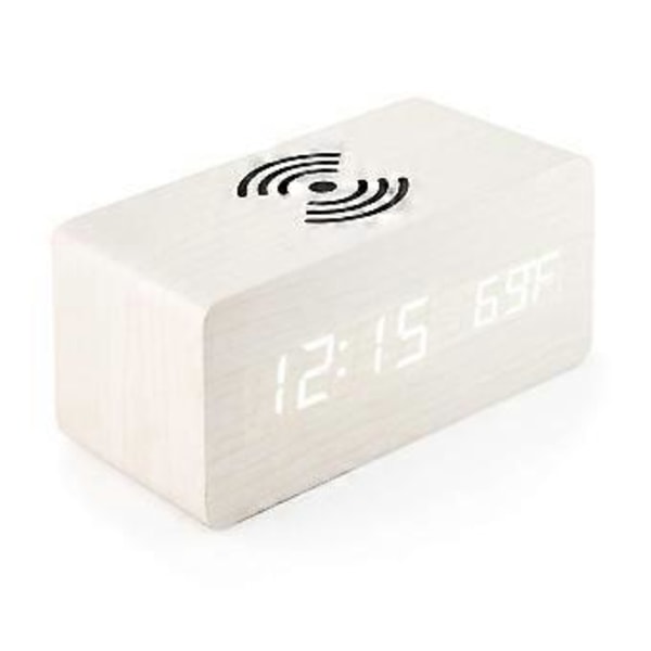 Digital väckarklocka i trä med trådlös laddning, justerbar dimmer och vit alarmvolym