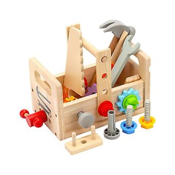 Träverktygsset för småbarn, låtsasbygga konstruktionsspel för barn med träverktygslåda och tillbehörsspel, present till pojkar och flickor
