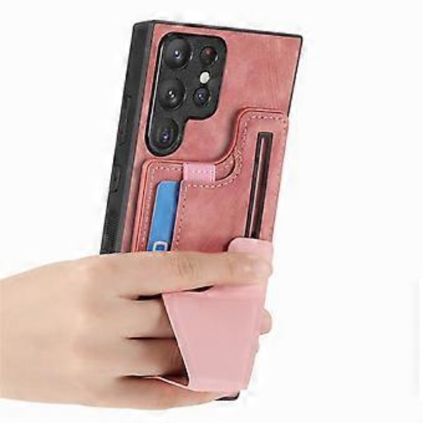 Skal för Samsung Galaxy S25 Ultra med Kortfack Ställ Retro Läder Baksida - Rosa (Rosa)