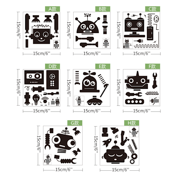 8 seinätarraa, irrotettavat seinätarraa, mustavalkoinen robotti c
