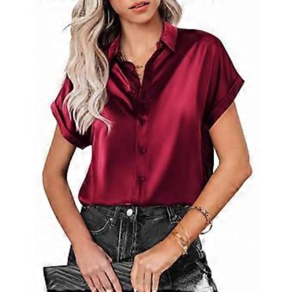 Dame Satin Skjorte Sort Grøn Hvid Revers Knap Kortærmet Toppe Løs Bluse(XXL grøn)