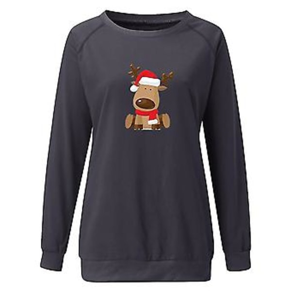 Jul-Tunika Kvinna Långärmad T-shirt Jul Söt Elk Tryckt Topp Blus L Grå