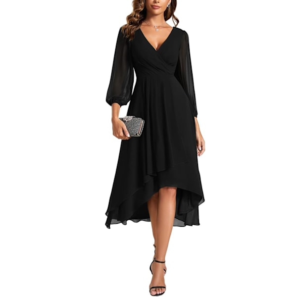 Elegant Chiffon V-hals Langærmet Plisseret A-linje Midilængde Bryllupsgæst Kjole XL Sort
