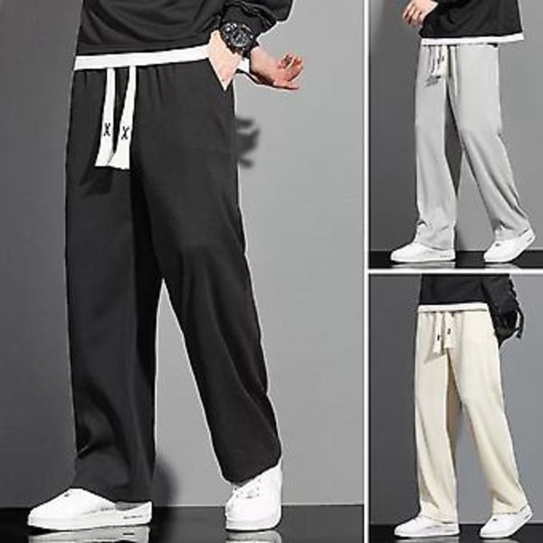 Mænd Casual Bukser Snøre Elastisk Talje Løstsiddende Lange Bukser Streetwear Straight Wide Leg Bukser Casual Sports Lange Bukser Mænds Tøj (M Grå)