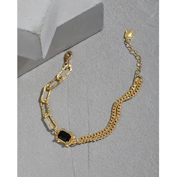 Kædearmbånd til kvinder Justerbar Link Lagdelt Guld Armbånd med Sort Sten   Guldbelagt     ArmbåndKæde Armbånd