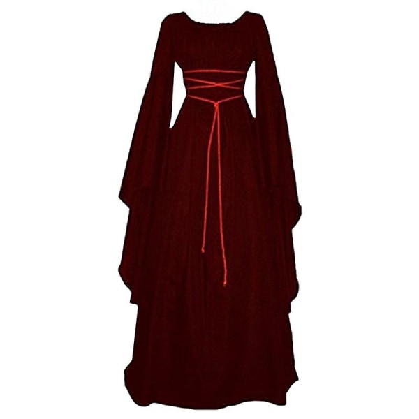 Women Halloween Renaissance Medieval Maxi Dress Gothic Cosplay Costume Wine Red 2XL