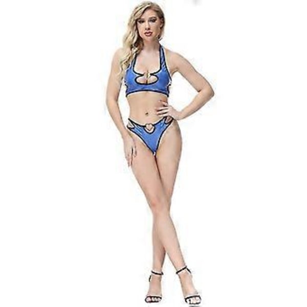 Naisten Bandage Tekonahkamekko Risti 2-osainen Nauhallinen Crop Top ja Bodycon-setit Asut (L sininen)