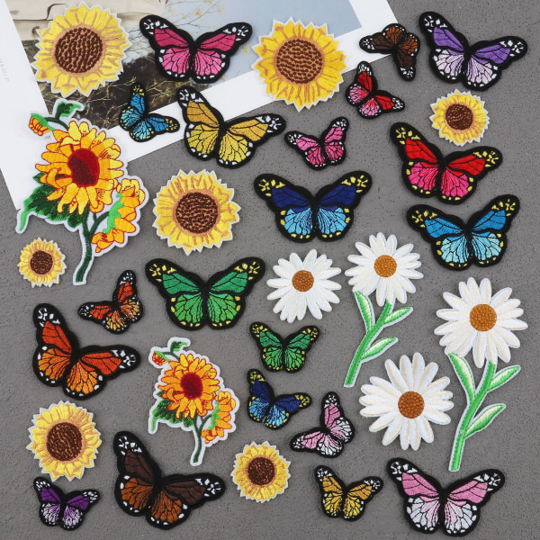 33 stycken broderade järn-på-lappar, solrosor Butterfly Daisy F