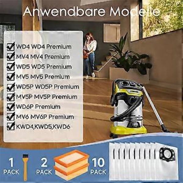 10 KFI 487 Støvsugerposer med 2 KFI 4410 Filtre for Karcher WD4 WD5 WD6 WD5P WD6P MV4 2.863-0