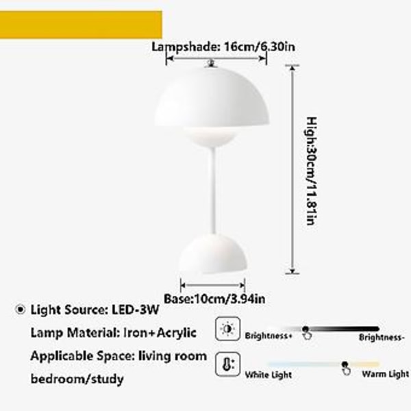Langaton pöytälamppu kukkaruukun muotoinen, langaton kosketuslampun pöytälamppu, himmennettävä, latautuva sienen muotoinen pöytälamppu, pieni sängynpäätylamppu -GSLA Valkoinen
