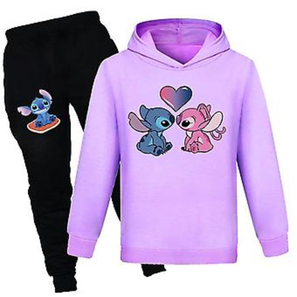 7-14 år Barn Pojkar Flickor Lilo & Stitch Cartoon Tryck Outfits Casual Hoodie Sweatshirt Toppar Jogger Byxor Tracksuit Set Kläder (11-12 År Lila)