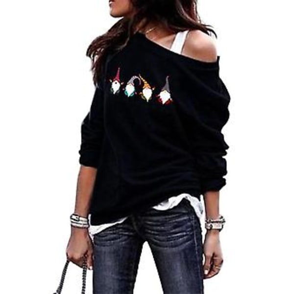 Jule-En-Skulder Tunika Kvinder Langærmet T-shirt Juletop Bluser XL Sort