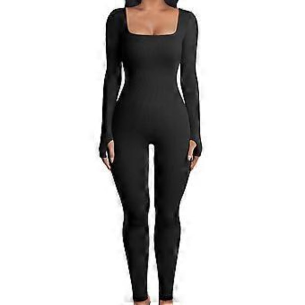 Ribstrikket Bodycon Jumpsuit Flerfarvet Ensfarvet Polyester Lange Ærmer Til Træning Sport Yoga Firkantet Hals (XL Sort)