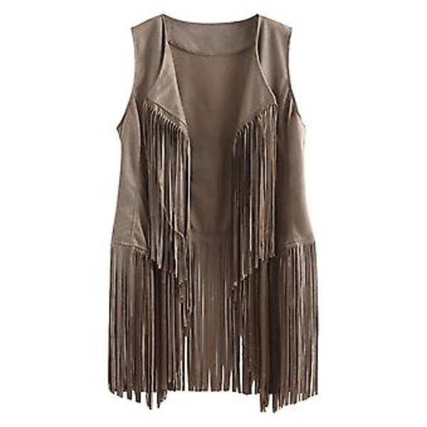 Dam Väst utan ärmar med fransar 70-tal 1970-tal Vintage Fest Hippie Konstläder Fransjacka Cardigan (XL Beige)