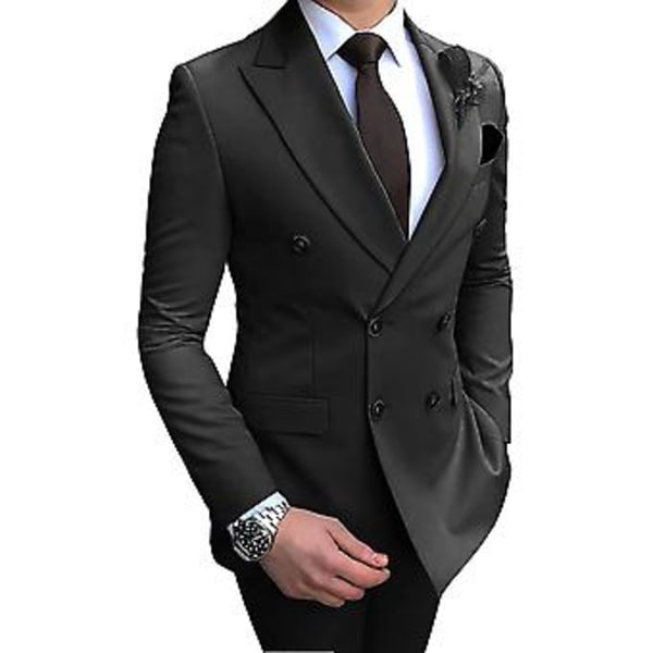 Mens Double-breasted Blazer Suit 2 Pieces Slim Fit Wedding Groom Tuxedos Peak Lapel Formal Prom Suits(38 Black)