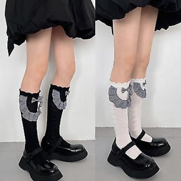 Kvinder Sød Piger Blomster Jacquard Kalve Sokker Japansk Stil Lolita Sløjfe Plaid Ruffles Patchwork Fril Trim Student Knæ Høj Strømper (Sort)