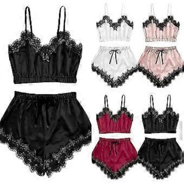 Dam Underkläder Spets Silke Satin Cami Linne Toppar Shorts Pyjamas Set Sovkläder Nattkläder Pj's -NMAOV(L Svart)
