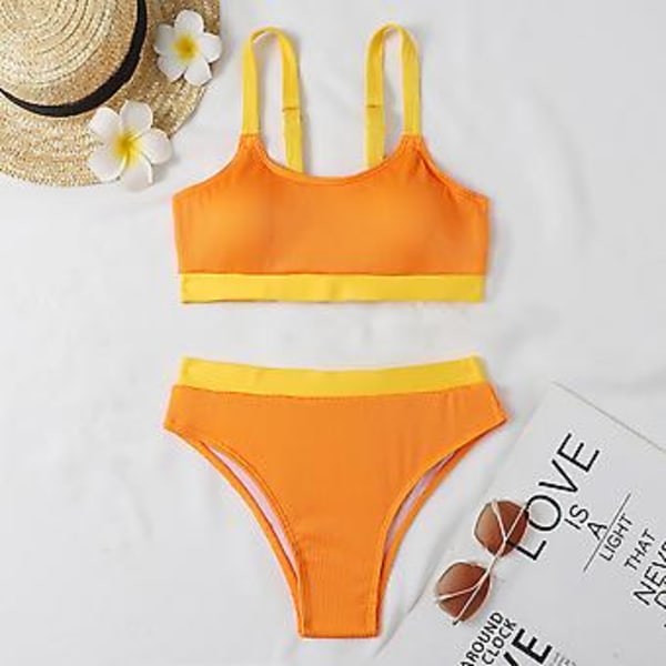 Damernas Baddräkt Sommar Färgblock Ribbad Bikini Vadderad Baddräkt Strandkläder Baddräkt (XL Orange)