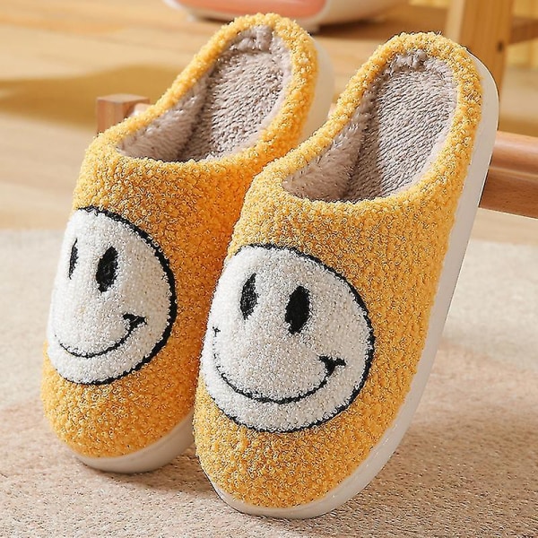 Slippers Smiley Face Slippers Women Smile Slippers Happy Face Slippers Retro Smiley Face Soft Plush Comfy Warm Slip-on Slippers Yellow 42-43