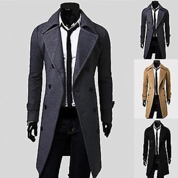 Fianao Lang Trenchcoat Dobbeltbrystet Ensfarvet Efterår Vinter Vindtæt Tyk Jakke (2XL Sort)