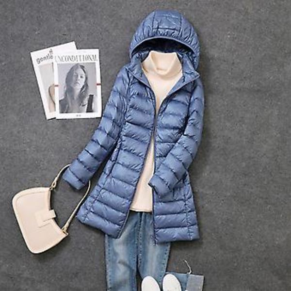Dame Vinter Dunjakke Lang Slim Fit Hætte Varmt Jakke Velegnet Til Venner Samling Bære (2XL Haze Blå)