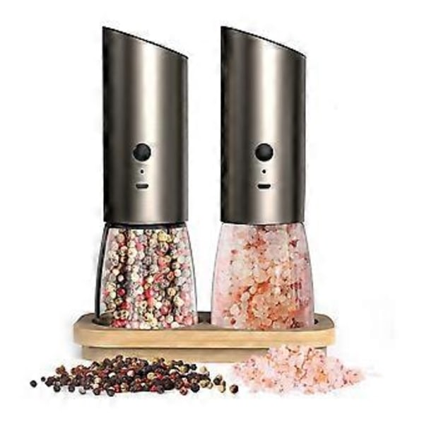 Elektrisk Salt- och Pepparkvarn Set med Bambubas, Justerbar Grovlek - Automatiska Salt- och Pepparströare