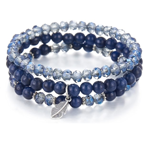 Stackable Crystal Beaded Bracelets for Women Boho Multi Layer Stretch Bracelets Natural Stone Bead Bracelet with Leaf Ch