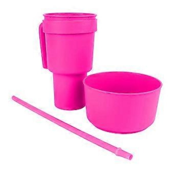 2-in-1 Snack- ja Juomakupillinen Oljella, Laaja Avaus, Muovijuomakupin Yläosa, Snack-kulho Elokuvateatterille, Kotiin, Matkalle (Vaaleanpunainen)