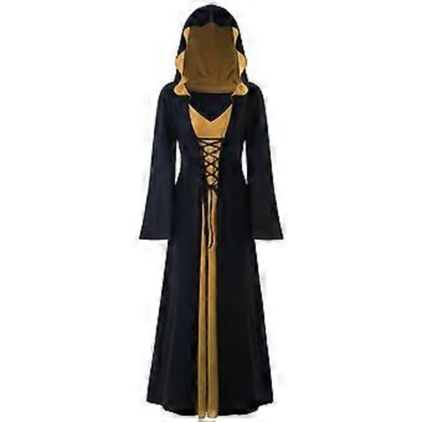 Dame Plus Size Halloween Hætteklædte Snøre Patchwork Langærmet Lang Kjole (M Khaki)