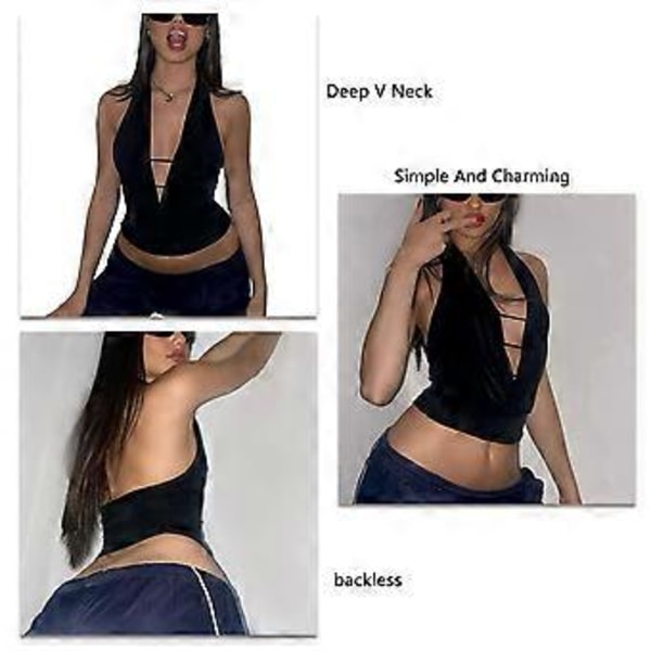 Kvinders Dyb V-hals Halter Ærmeløs Tanktop Rygløs Trøje Ren Farve Tanktop (S)