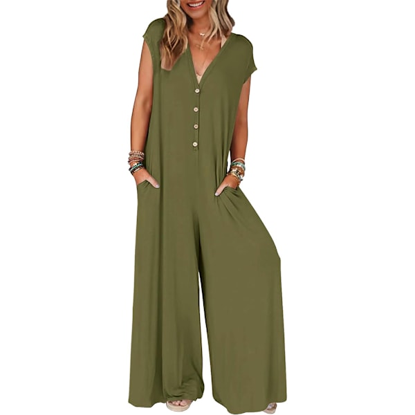 Dame 2024 Sommer Cap Sleeve Jumpsuits Dyb V-hals Knap Onesie Brede Benklæder Rompers 2XL Grøn