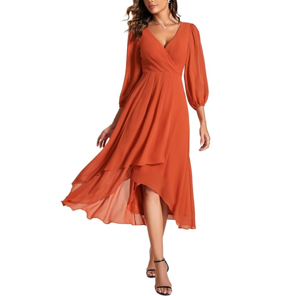 Elegant Chiffon V-hals Langærmet Plisseret A-linje Midilængde Bryllupsgæst Kjole L Orange