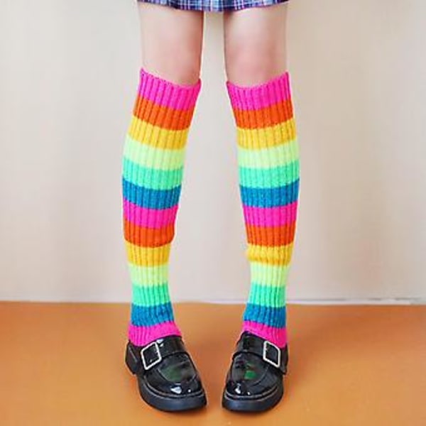 Naisten 80-luvun Retro Party Ribbed Knit Leg Warmers Neon Rainbow Monivärinen Raidallinen Jalkasuojus Hiha Ballettitanssi Urheilu Polvenkorkea Pitkä Sukat ( )