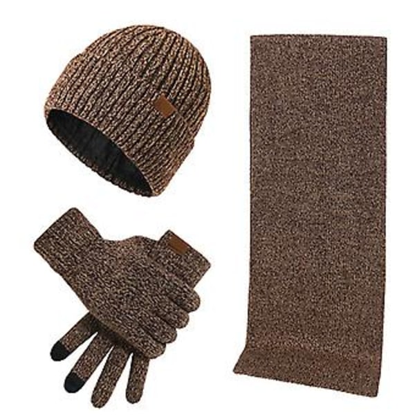 Fleecefodrad Beaniehatt för Pekskärmhandskar, Rutiga Halsduk och Handskar för Män (Khaki)